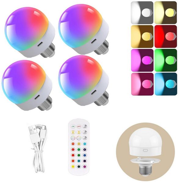 Jibenhome LED Nachtlicht USB Dimmbar LED Glühbirne, Schranklicht E27 Akku Aufladbar Batterie, RGB, Wiederaufladbare mit Fernbedienung & Timing