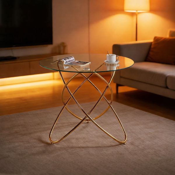 Esstisch mit goldfarbenen Metallbeinen und gehärtetem Glas, moderner, platzsparender Küchentisch für das Wohnzimmer, goldfarbene Metallbeine