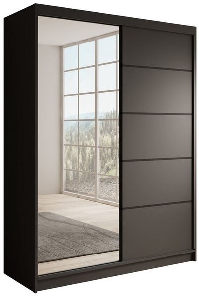 MOEBLO Schiebetürenschrank CAMBRIA 150 (modern, mit Spiegel, viel Stauraum, 2-türig, Weiß/Schwarz, Schwebetürenschrank 2-türig Schrank Garderobe Schiebtüren Schlafzimmer Wohnzimmerschrank mit Spiegel) (BxHxT): 150x200x58cm