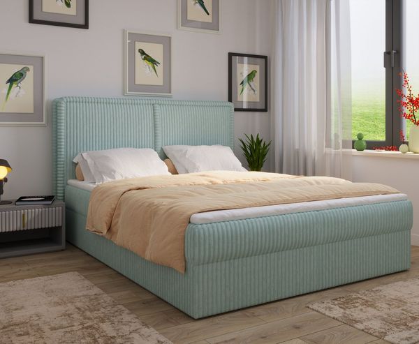 MOEBLO Boxbett Bett 04 (Bonnellmatratzen + Topper, Doppelbett gepolstertes Kopfteil Bett mit Bettkasten, aus Cord, Polsterbett Kontinentalbett), (BxHxT):143/163/183x113x214cm