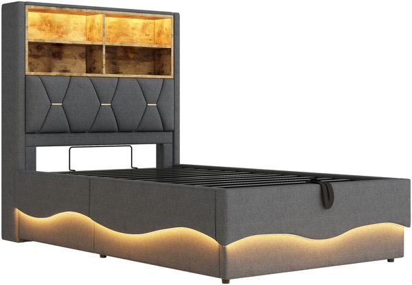Polsterbett 90×200 cm mit hydraulischem Bettkasten, LED-Beleuchtung und USB, Grau Bild 6