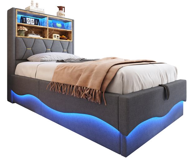 Polsterbett 90×200 cm mit hydraulischem Bettkasten, LED-Beleuchtung und USB, Grau Bild 7