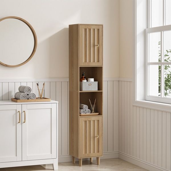 BBWL Hochschrank Eiche Optik schmal Badezimmerschrank mit Türen offene Regale Hochschrank Waschmaschinenschrank freistehend MDF Stauraumregal