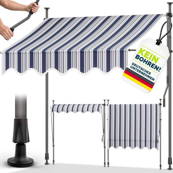 tillvex Balkonmarkise 150 cm Blau/Grau Gelenkarm Markise Klemmmarkise Sonnenmarkise Balkon ohne Bohren