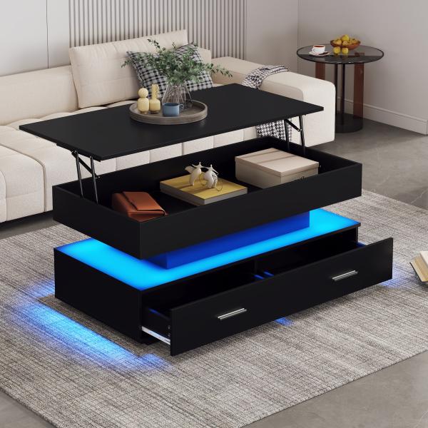 Merax 100*50*44cm hydraulisch höhenverstellbarer Couchtisch, mit LED-Beleuchtung, Bluetooth-APP-Steuerung, 2 Schubladen und offenem Stauraum,Schwarzer hebbarer Couchtisch