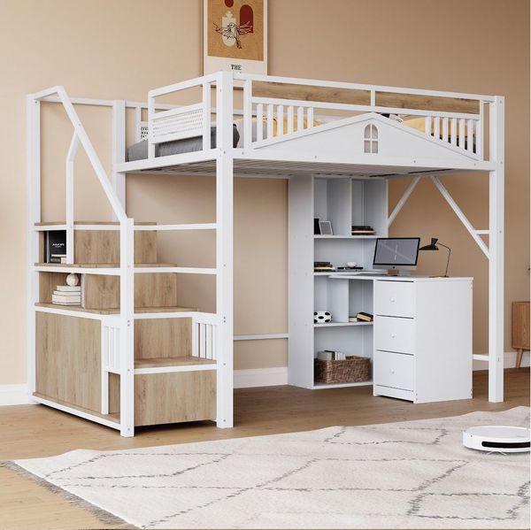 Merax Hochbett (Jugendbett Einzelbett Stockbett, 1-St) Metallbett Kinderbett 140x200 cm mit Stauraumtreppe Schutzzaun Fenster