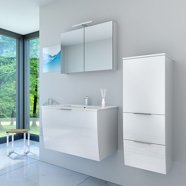 Badmöbel Set Gently 1 V2 R Weiß MDF Waschtisch 80cm ohne LED Beleuchtung