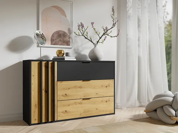 Vente-unique - TUNALO Kommode Holz, Platte SchwarzBeige - B 36,5 cm x H 79,7 cm x L 125 cm