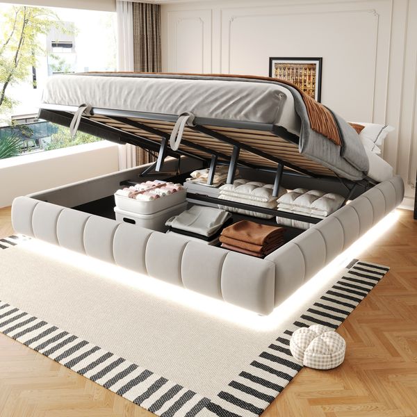 Polsterbett 180 x 200 cm, Ohne Kopfteil, mit LED-Lichtleiste (einfarbig), Hydraulischer Schwebebettrahmen mit Stauraum,Einzelbett, Jugendbett, Beige