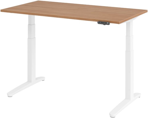 bümö elektrisch höhenverstellbarer Schreibtisch 140x80 cm in Nussbaum, Gestell in weiß - Designer Bürotisch mit Memoryfunktion, elektrischer Stehschreibtisch höhenverstellbar, XBHM14-N-WW