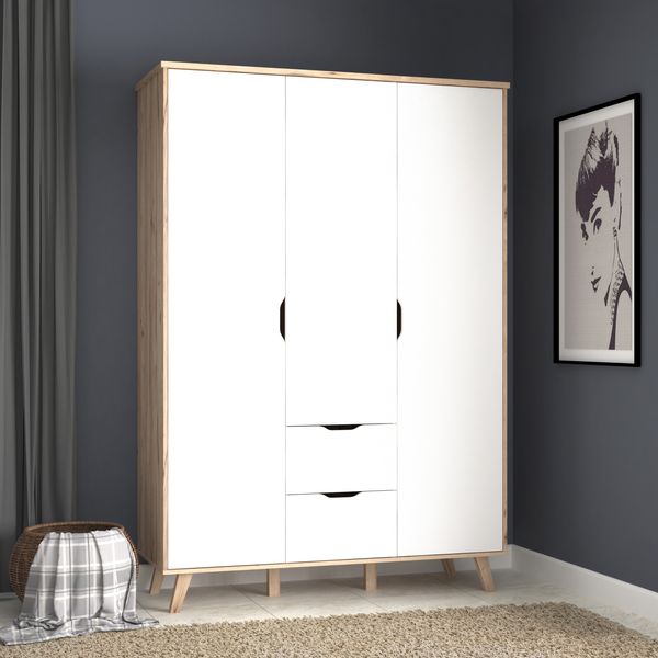 FORTE Vankka Kleiderschrank, Holzwerkstoff, Weiß/Braun, 139,4 x 201,5 x 52,7 cm