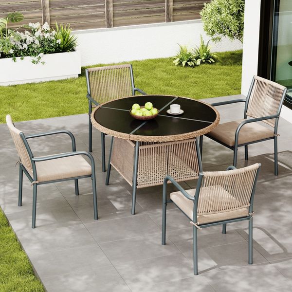 Gartenlounge-Set mit rundem Glastisch und 4 Stühlen, 5-teilig, Loungeset, Essgruppe für Garten