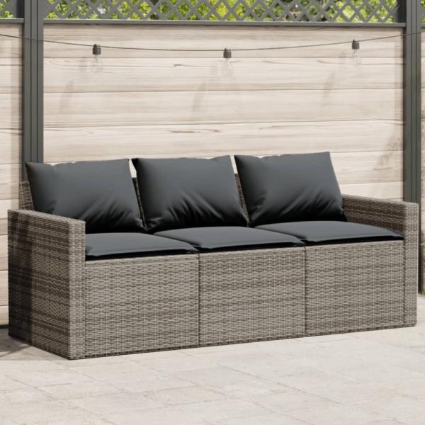 vidaXL Gartensofa mit Kissen 3-Sitzer Grau Poly Rattan 366343