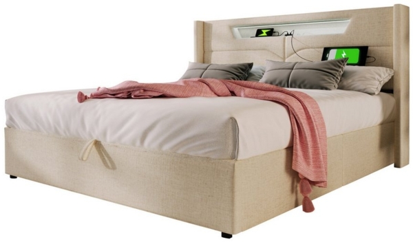 OKWISH Polsterbett LED Doppelbett mit USB Typ C Ladefunktion, 160 x 200 cm,Inklusive Matratze