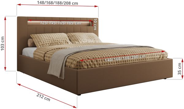 Polsterbett GOLD 5 CLASSIC 140 x 200 cm mit LED-Beleuchtung & Bettkasten, Doppelbett inkl. Lattenrost, Metall-Lift-System & Stauraum - Braun Kunstleder Bild 7