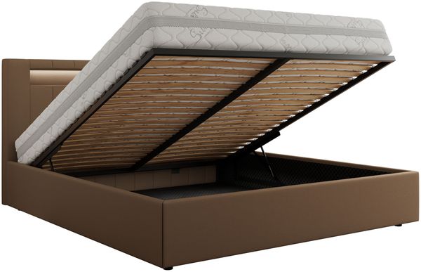 Polsterbett GOLD 5 CLASSIC 140 x 200 cm mit LED-Beleuchtung & Bettkasten, Doppelbett inkl. Lattenrost, Metall-Lift-System & Stauraum - Braun Kunstleder Bild 6
