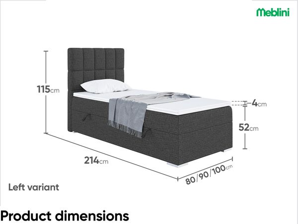 MEBLINI Boxspringbett LUKAS 90x200 cm mit Bettkasten - H3/Dunkelgrau Webstoff Gepolstert Einzelbett mit Topper & Bonellfederkern-Matratze - 90x200 Links Bild 7