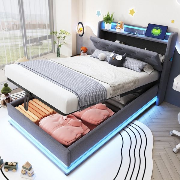 Merax Polsterbett mit LED-Beleuchtung, USB & Type-C Ladeanschlüssen (Leinenstoff, 1-tlg, Jugendbett Einzelbett Mehrzweckbett Stauraumbett mit Handytaschen), Kinderbett mit aufklappbarem Kopfteil,hydraulischem Stauraum & Ablagen