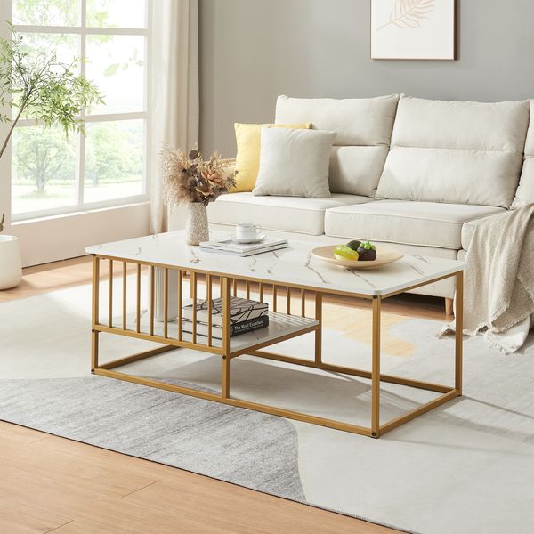 Couchtisch Raukurg 120x60x44 cm Marmoroptik, weiß/Goldfarben [en. casa]
