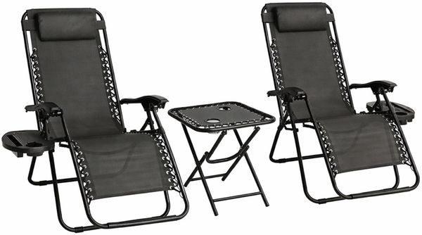 Bettso 'VELSE' Gartenmöbel-Set 3-tlg. Zero Gravity Relaxliegen mit Klapptisch, Textoline Schwarz & Stahl