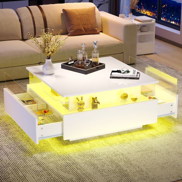 Couchtisch 70×70×41 cm in Hochglanz Weiß mit LED-Beleuchtung, moderner Wohnzimmer-Tisch mit 2 Schubladen