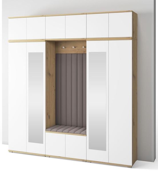 Garderoben-Set Aura Version 10: Kleiderschrank mit Polsterpaneelen, Schuhschrank Flur und Eingangsbereich (weiß/Artisan-Eiche /Trinity 05), 225 x 40 x 210 cm
