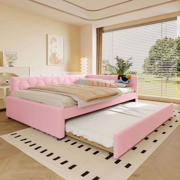 Daybett, 140*200cm Tagesbett, Schlafsofa, Bett mit Lattenrost (ohne Matratze), mit Nachttischlampe, mit multifunktionalem Ausziehbett, USB-Anschluss, Typ-C, Komfortmaterial, Vliesimitat, Rosa