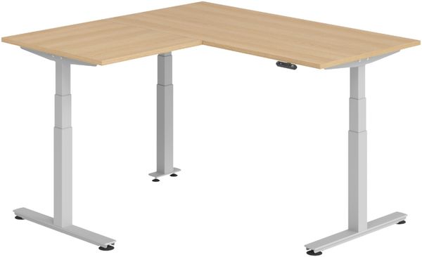 bümö Eckschreibtisch elektrisch höhenverstellbar L-Form: 160 x 160 cm in Eiche, Gestell silber - Stehschreibtisch mit Memory-Steuerung, elektrischer XXL Schreibtisch für die Ecke, XDSMW-1608-E-S