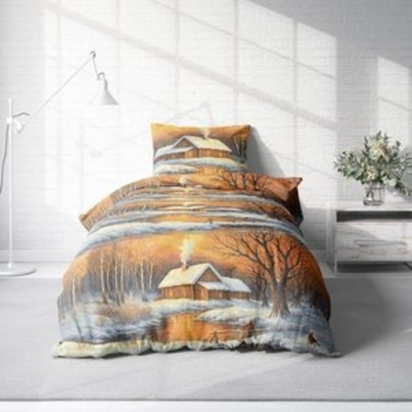 One Home Bettwäsche Schneelandschaft Hütte Winterlandschaft, Flanell, 2 teilig, Weihnachten, Baumwolle kuschelig flauschig warm weich Biber Winter Bild 6