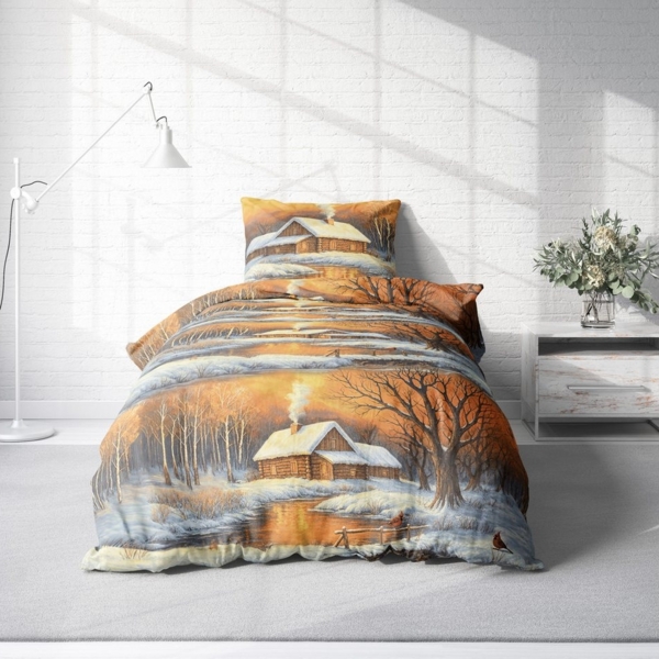 One Home Bettwäsche Schneelandschaft Hütte Winterlandschaft, Flanell, 2 teilig, Weihnachten, Baumwolle kuschelig flauschig warm weich Biber Winter Bild 5