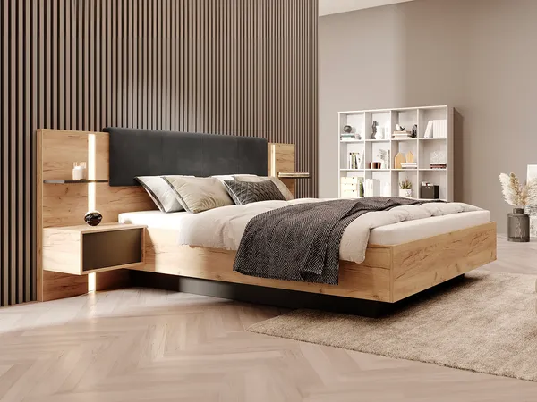 Vente-unique - ELYNIA Bett StoffHolz, Platte GrauBeige - B 210 cm x H 104,4 cm x L 256,4 cm