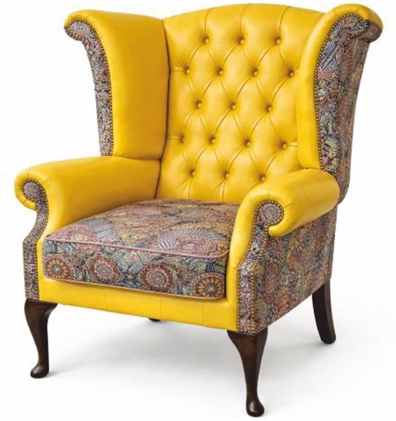 Casa Padrino Luxus Chesterfield Leder Ohrensessel Gelb / Bunt / Dunkelbraun H. 110 cm