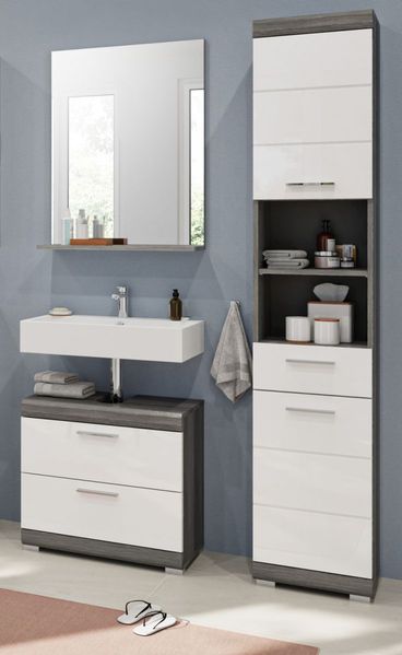 Badmöbel Set Shawn in weiß Hochglanz und grau 3-teilig 112 cm