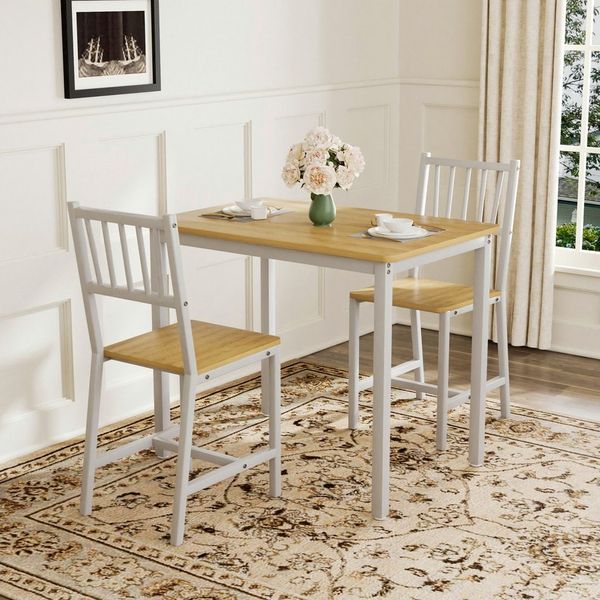 HAUSS SPOLE Essgruppe 3-tlg Esstisch-Set mit 2 Stühlen und 1 Bartisch für Küche,Natur+Weiß, (Sitzgruppe aus Metallrahmen und hochwertigen Spanplattenkonstruktion, für Küche, Wohnzimmer, Partyraum), Einfache und intuitive Montage