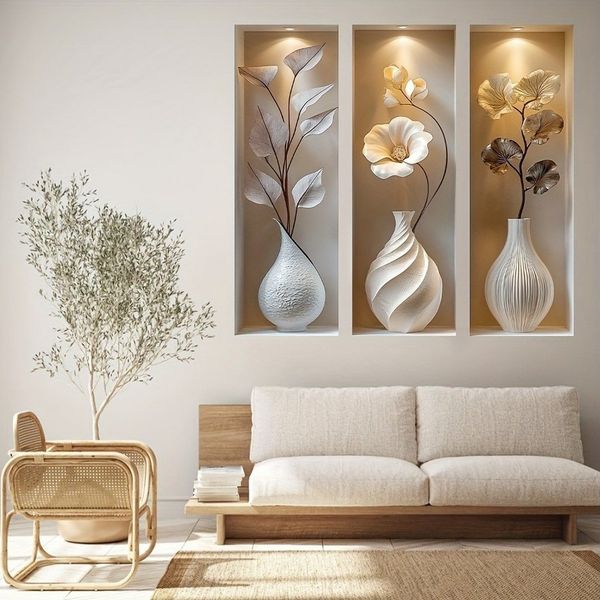 MOPUEA Wandsticker Wandtattoo Wandaufkleber 3 Stück mit Vasen- und Blumenmotiven (3D Wanddekoration moderne Vasenbilder wasserdichte Wandkunstaufkleber), für Wohnzimmer Schlafzimmer Badezimmer Küche Büro Dekor