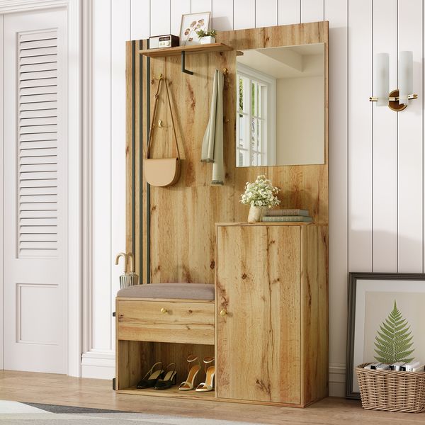 Flurgarderobe 115x37x185cm mit Sitzbank,Spiegel, Kleiderstange,verstellbaren Regalen,Soft-Close