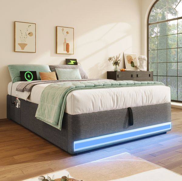 Polsterbett 90x200 cm aus Leinen mit LED-Beleuchtung und Stauraum