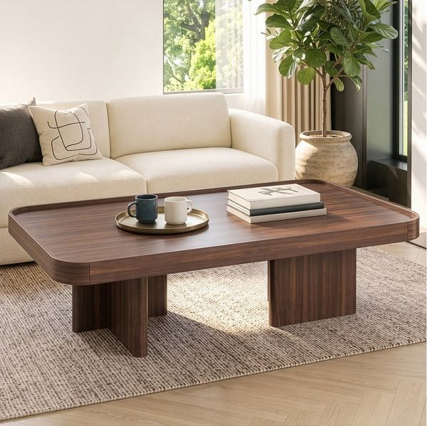 BlingBin Couchtisch rechteckiger Sofatisch in Walnussoptik, (Wohnzimmertisch, 1-St, 100 x 50 x 35,5 cm), mit erhöhtem Rand, abgerundeten Ecken und stabilen Seitenstützen