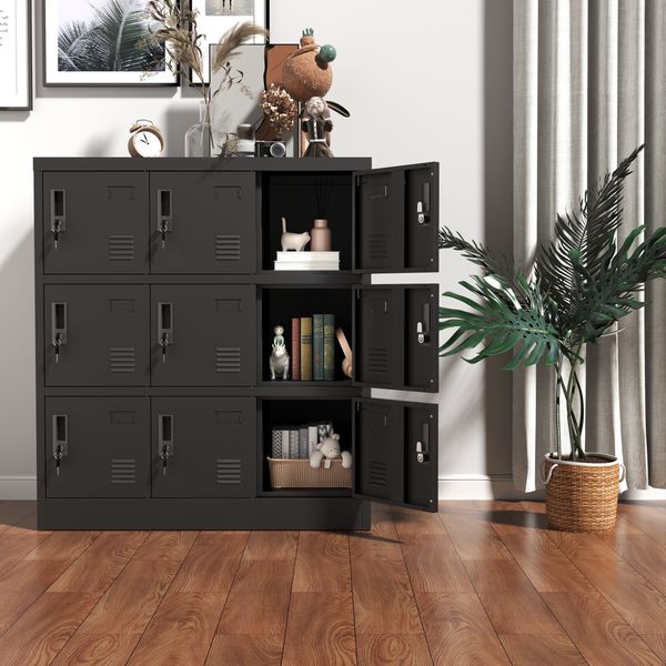 Schrank 90x40x100 cm, 9-türig Metalllschrank in Schwarz mit Einzelschlössern