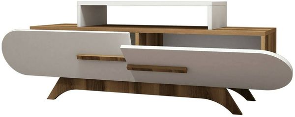 Dmora Fernsehschrank Baghdad, Ständer für Wohnzimmerfernseher, Niedriges Wohnzimmer-Sideboard, TV-Ständerbasis, 145x37h50 cm, Walnuss und Weiß