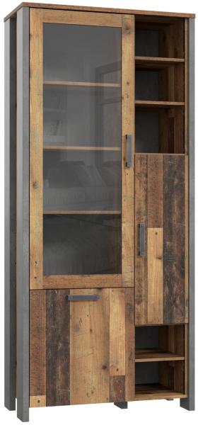 99rooms Califfo Vitrine II Altes Holz Optik Beton Optik mit LED-Beleuchtung