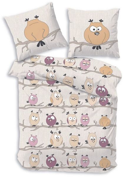 DOBNIG Bettwäsche Flanell, Flanell, 2 teilig, lustige Eulen, sandfarben
