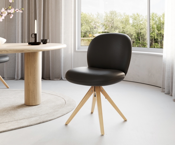 Drehstuhl Nube-Flex Echt-Leder Schwarz Holzgestell kantig Natur 180° drehbar Taschenfederkern