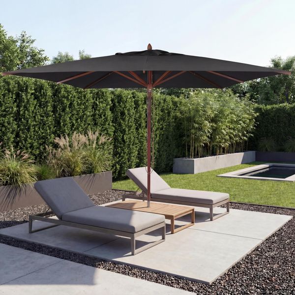 Gastronomie Holz-Sonnenschirm HWC-C57b, Gartenschirm, Polyester/Holz 29kg, eckig 4x4m Seilzug stoßsicher ~ anthrazit