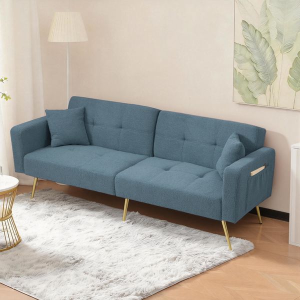 Merax Schlafsofa mit Bettfunktion, verstellbarem Winkel, goldenen Beinen, mit Kissen und seitlichen Aufbewahrungstaschen, Smogblau