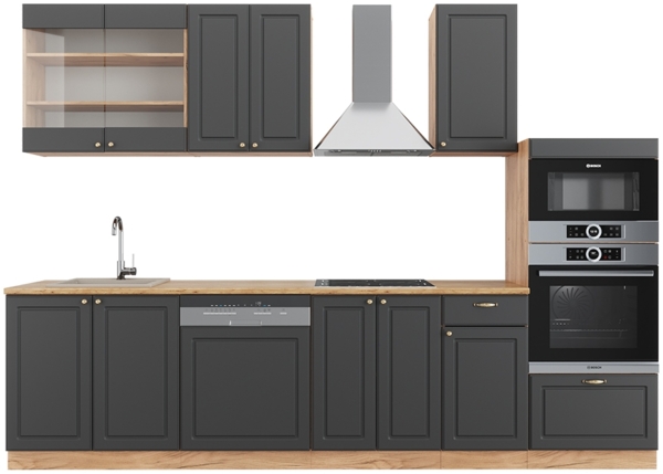 Küchenzeile Fame-Line Anthrazit Landhaus/Goldkraft Eiche 300 cm mit Hochschrank, ohne Arbeitsplatte Vicco