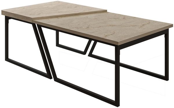 Modern Coffee Table Set (2 Pieces), Travertine Color, 120 x 40.6 x 60 cm | 100% Melamine Coated Particle Board, Black Metal Legs | Stylish Industrial Design