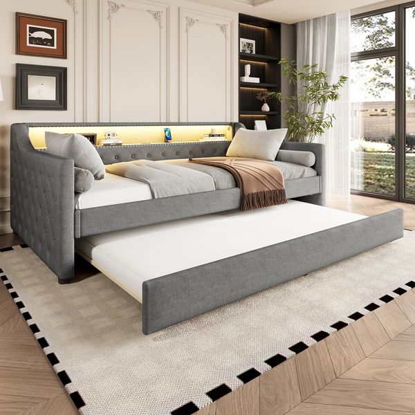 Polsterbett 90×200 cm aus Leinen-Stoff mit LED-Beleuchtung, USB-Anschluss und Ausziehbett, grau
