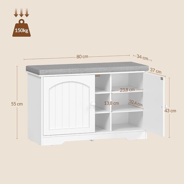 Schuhbank mit Sitzfläche, Sitzbank mit Stauraum, 9 Fächer und verstellbaren Einlegeböden, für Flur, Schlafzimmer, Wohnzimmer, 80 x 34 x 55 cm, Leinenweiß Bild 8