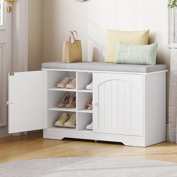 Schuhbank mit Sitzfläche, Sitzbank mit Stauraum, 9 Fächer und verstellbaren Einlegeböden, für Flur, Schlafzimmer, Wohnzimmer, 80 x 34 x 55 cm, Leinenweiß